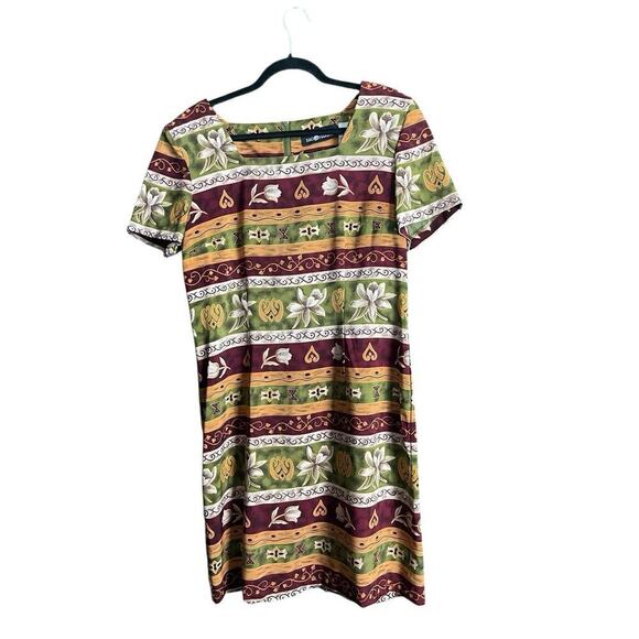 Sag Harbor Dresses & Skirts - Vintage Sag Harbor Dress Women Size 12 Burgundy Green Yellow Square Neck Floral